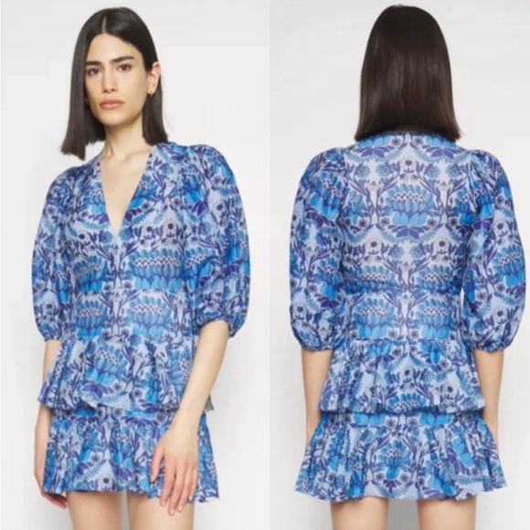 Sandro. Eyana Yana Blue Short Dress Floral Spring Ruffle Medium - Picture 2 of 4